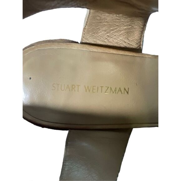 Stuart Weitzman Leather Nude Strappy Chunk Heel Sandal - Picture 12 of 16